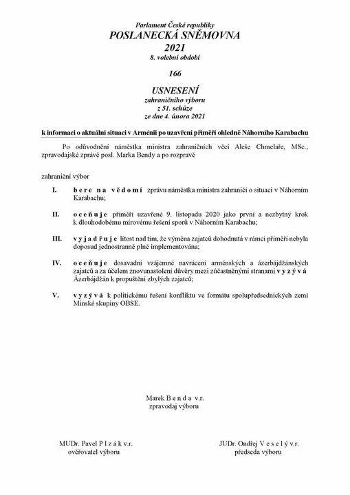 The Foreign Affairs Committee of the Chamber of Deputies of the Czech Parliament adopted a resolution on the Nagorno-Karabakh conflict